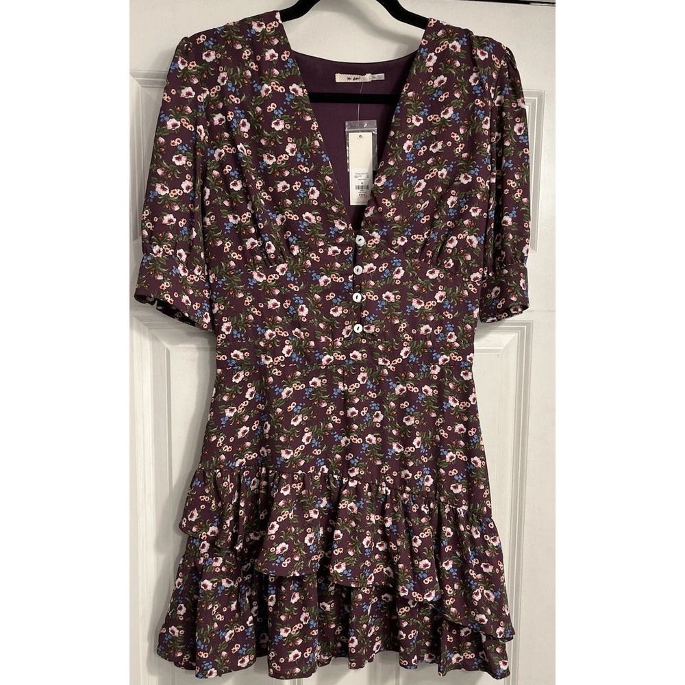 Francesca's mi Ami Sz Medium babydoll V Neck floral Purple Layered Ruffle dress